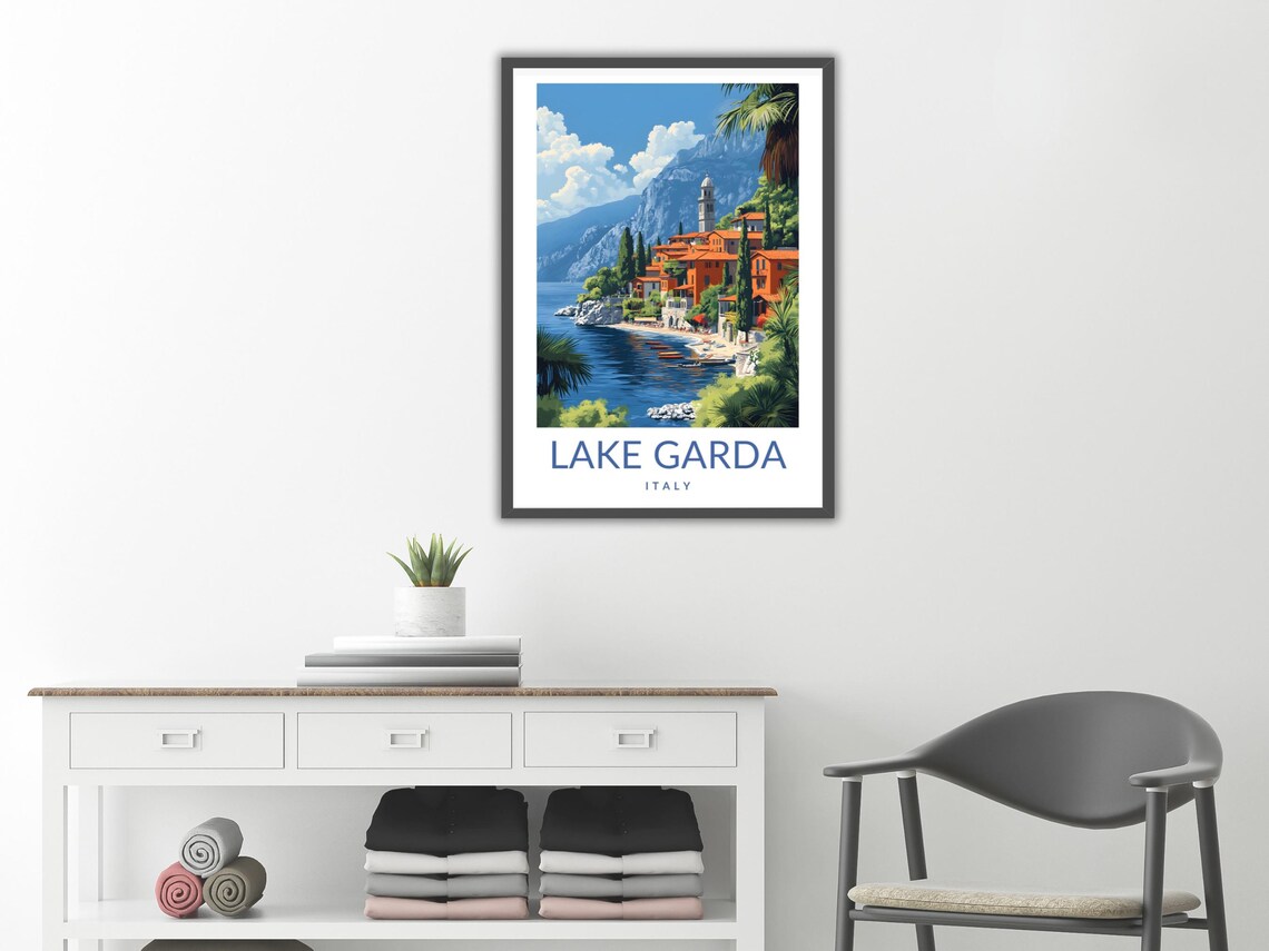 Lake Garda Italy Shoreline Town Bell Tower Vintage Travel Poster Art - Image 2