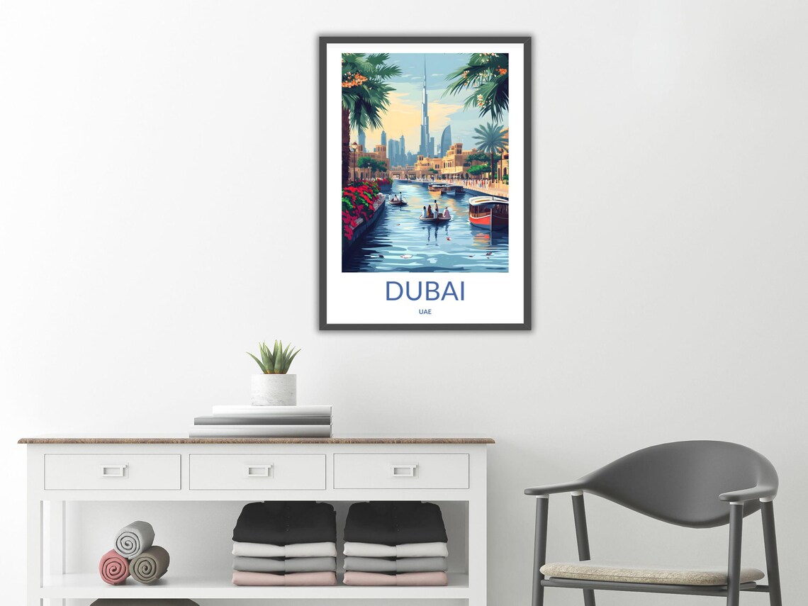 Dubai Old Town Canal Abra Boats Burj Khalifa Skyline UAE Poster - Image 2