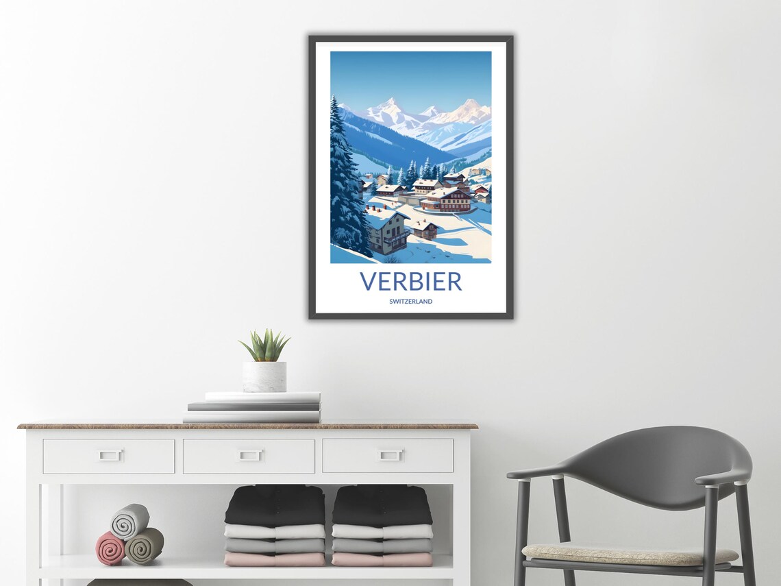 Verbier Switzerland Cozy Wooden Chalets Winter Village Scene Poster - Image 2