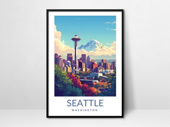 Seattle Washington Space Needle Skyline Mountain City Poster