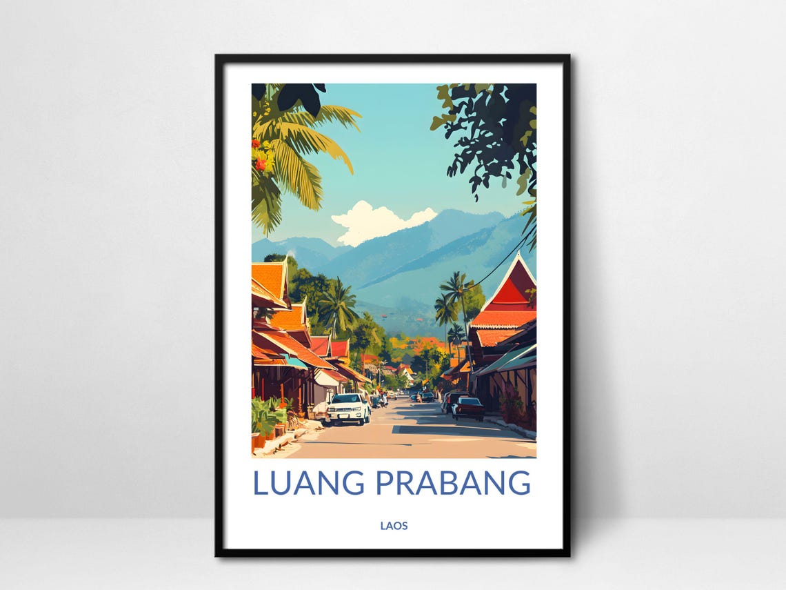 Luang Prabang Laos Temple Street Mountain View Travel Poster