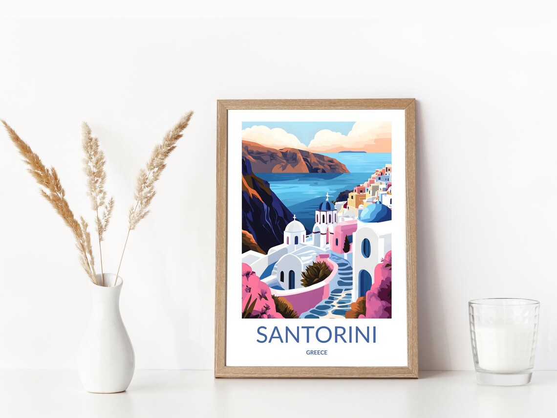 Santorini Blue Domes Village Church Daytime Mediterranean View Poster - Image 3