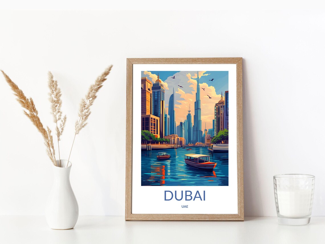 Dubai Marina Sunset Skyline Abra Boats Golden Water UAE Poster - Image 3