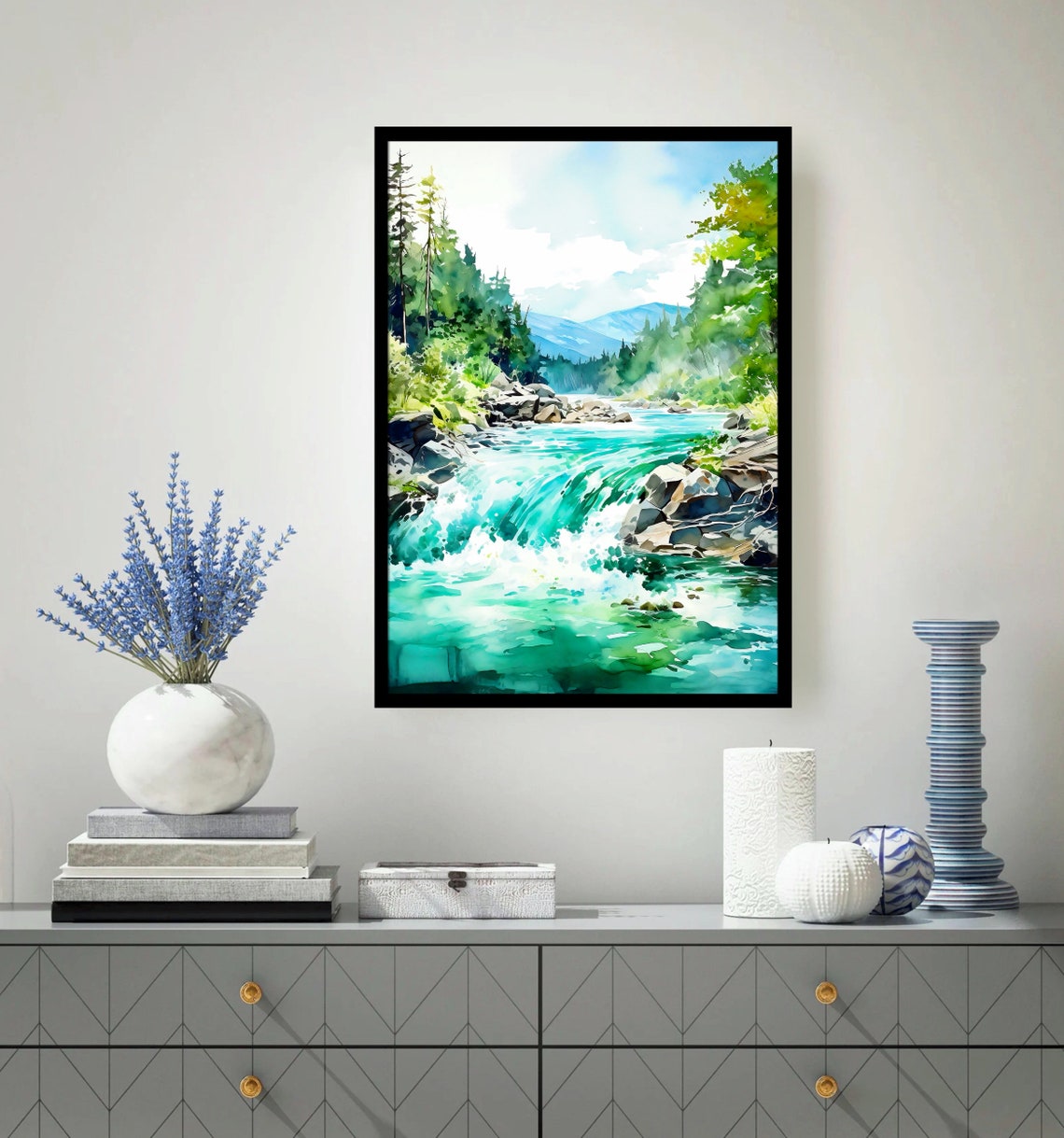 Turquoise River Rapids Rocky Falls Pine Forest Watercolor Poster - Image 2