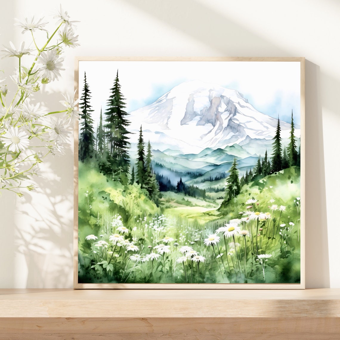 Mount Rainier Snowy Peak Daisy Meadow Evergreen Forest Poster - Image 5