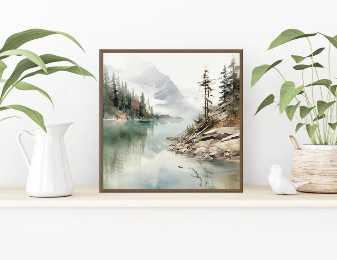 Quiet Mountain Lake Mirror Reflections Evergreens Watercolor Poster - Image 4
