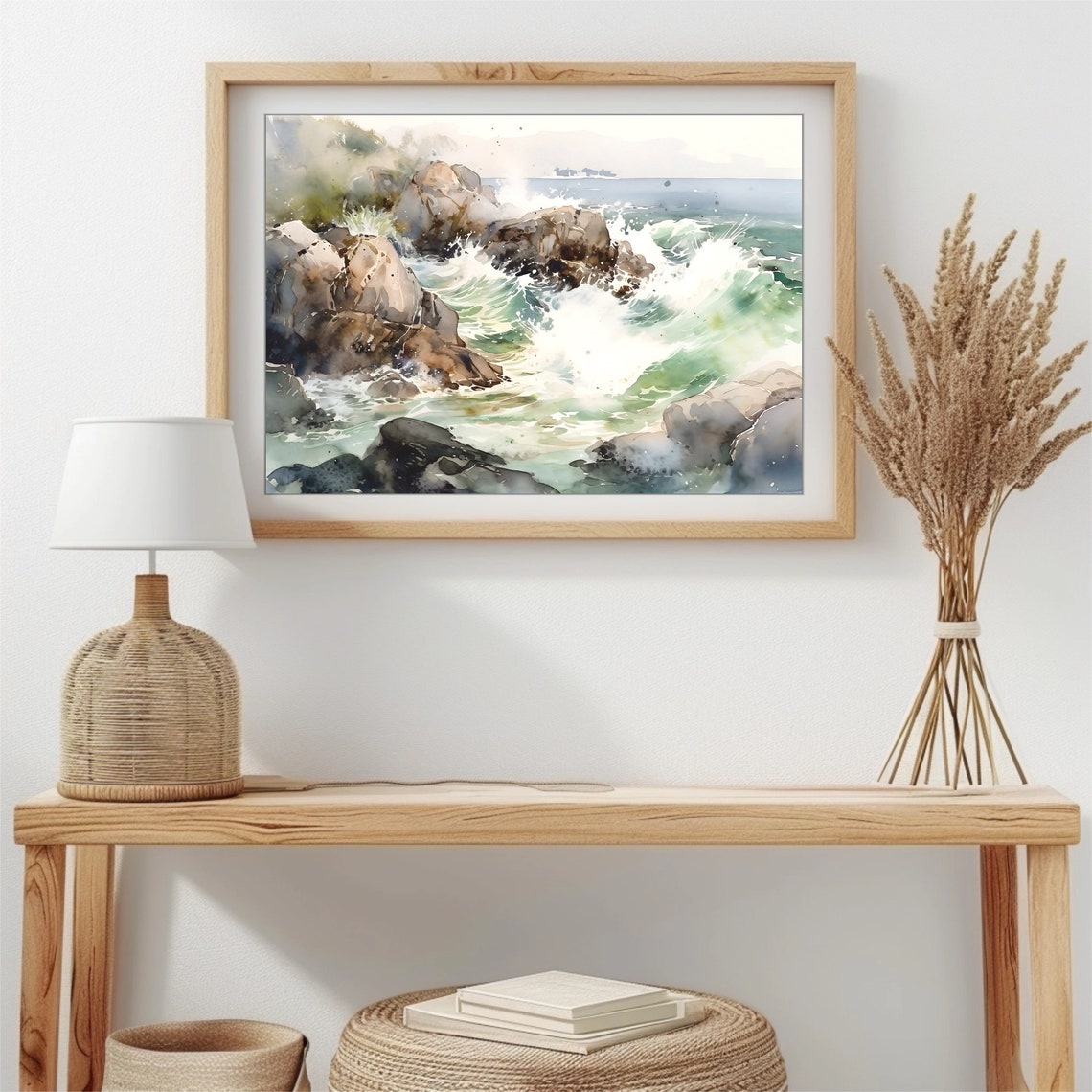 Crashing Waves Watercolor with Rocky Shore and Sea Foam Poster - Image 3