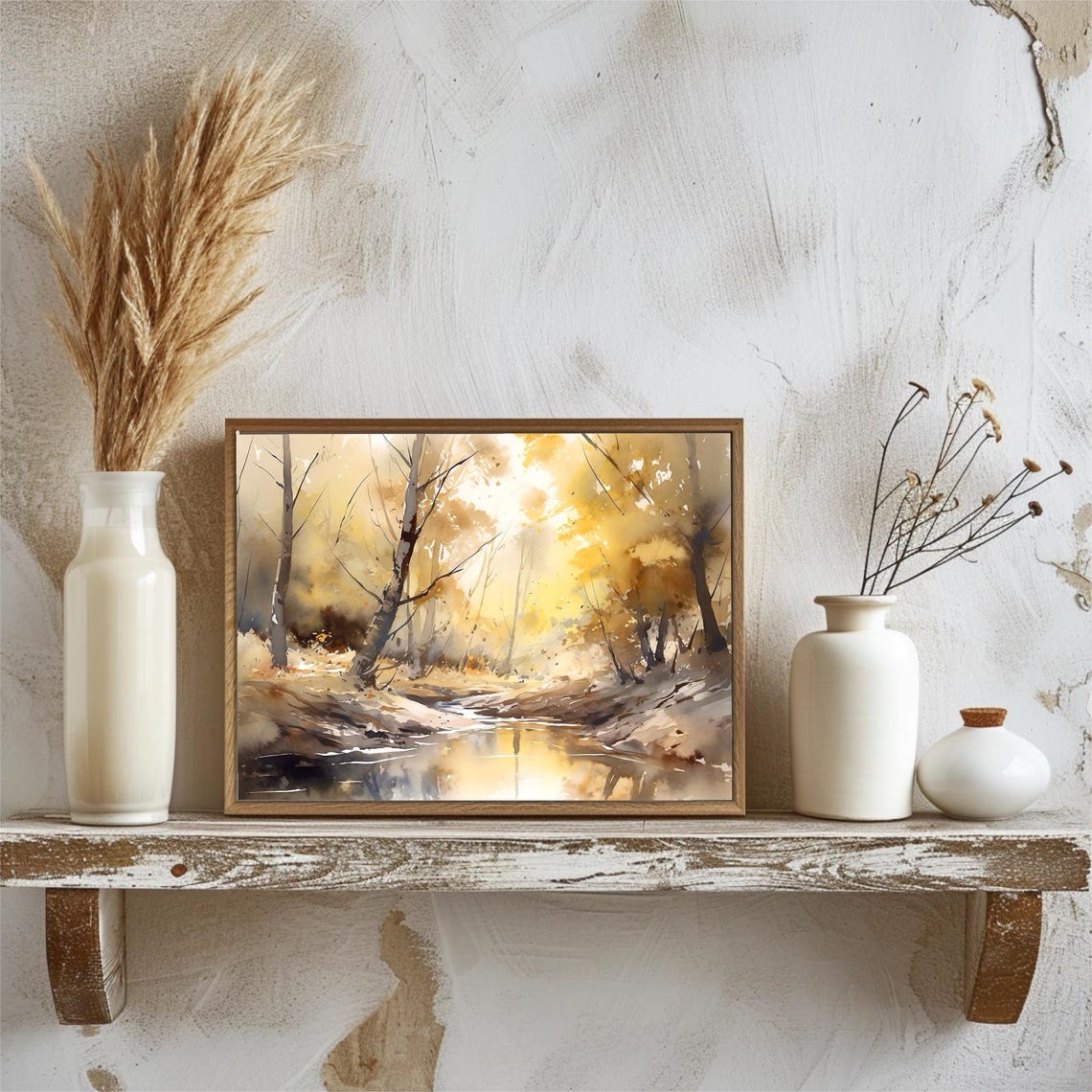 Golden Autumn Birch Trees Calm River Sunlight Watercolor Nature Poster - Image 2