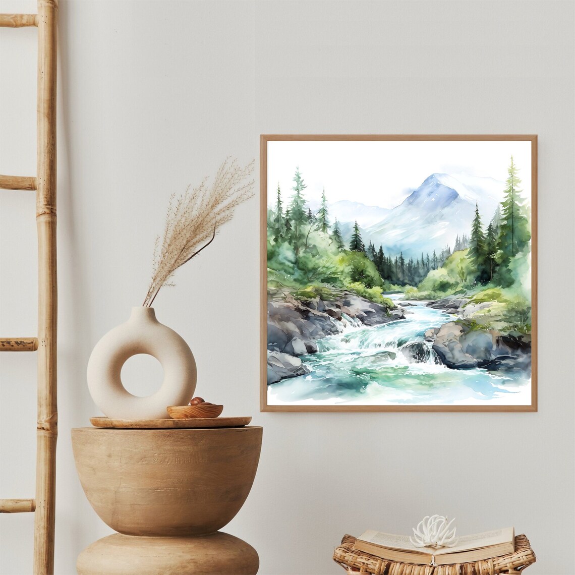 Rushing Mountain Stream Evergreen Forest Misty Peak Watercolor Poster - Image 2