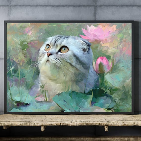 Scottish Fold Monet Style Art Print Impressionist Cat Painting Water Lilies Pet Wall Lover Gift Dreamy Pastel Gouache Decor
