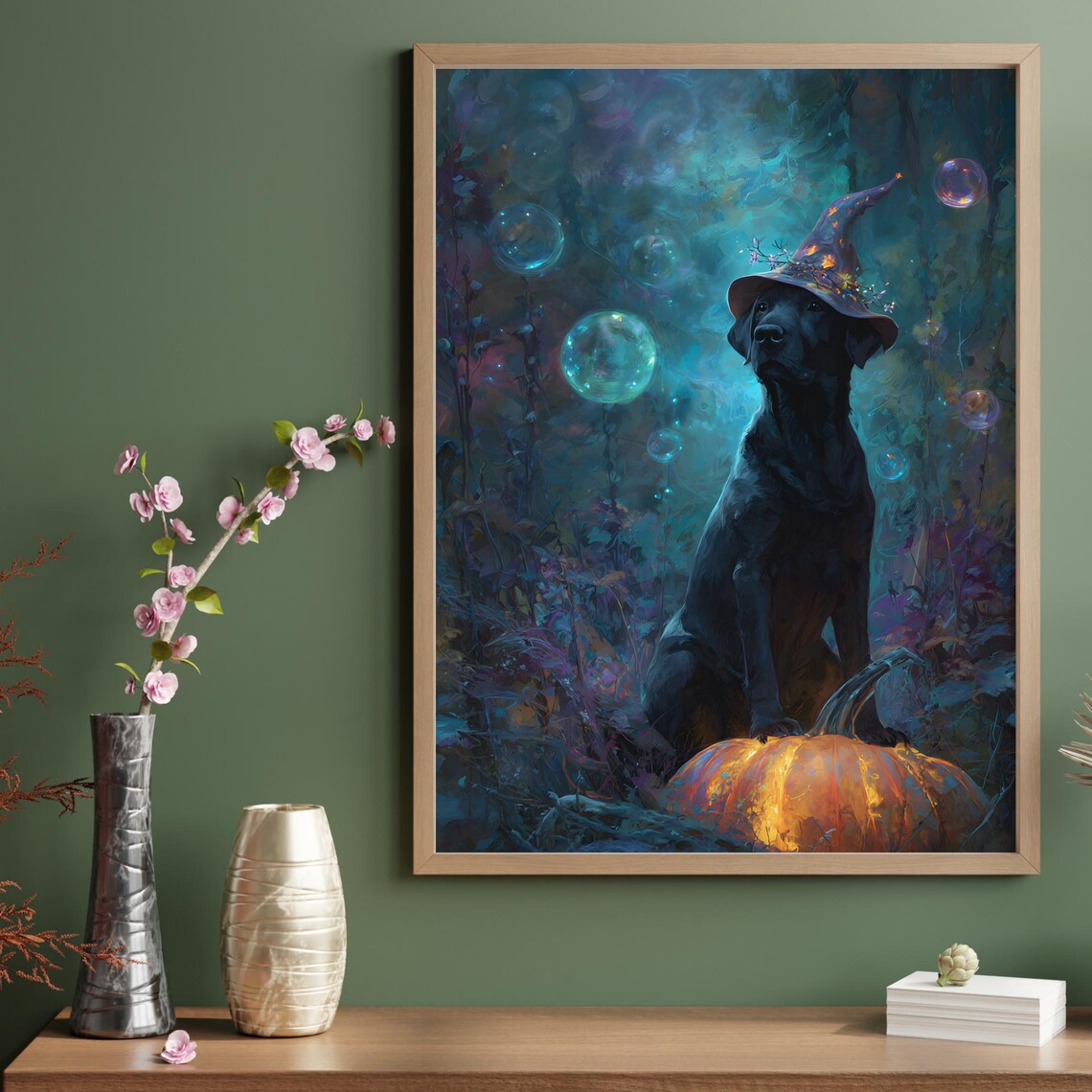 Black Lab Witch Hat Halloween Dog Painting Mystic Forest Poster