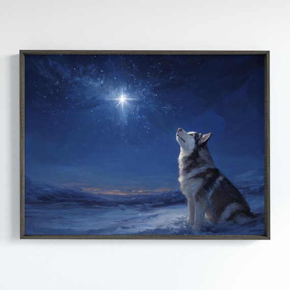 Husky Howling at a Bright Star Over a Snowy Night Sky Poster