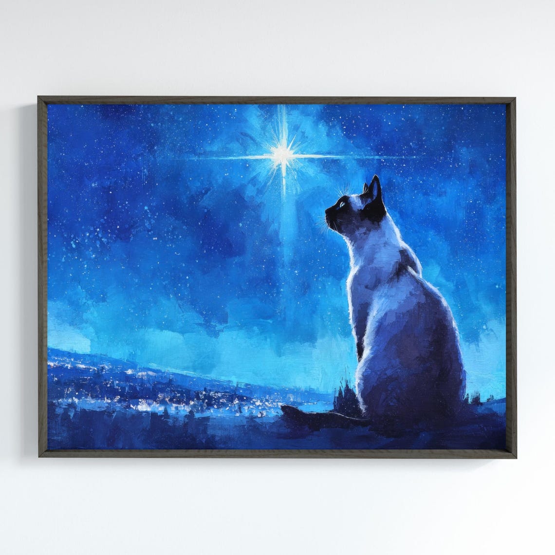 Siamese Cat Gazing At Starry Night Bright Star Celestial Art Poster