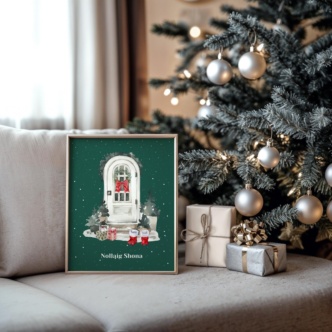 Nollaig Shona Green Watercolor Christmas Door Wreath Holiday Poster