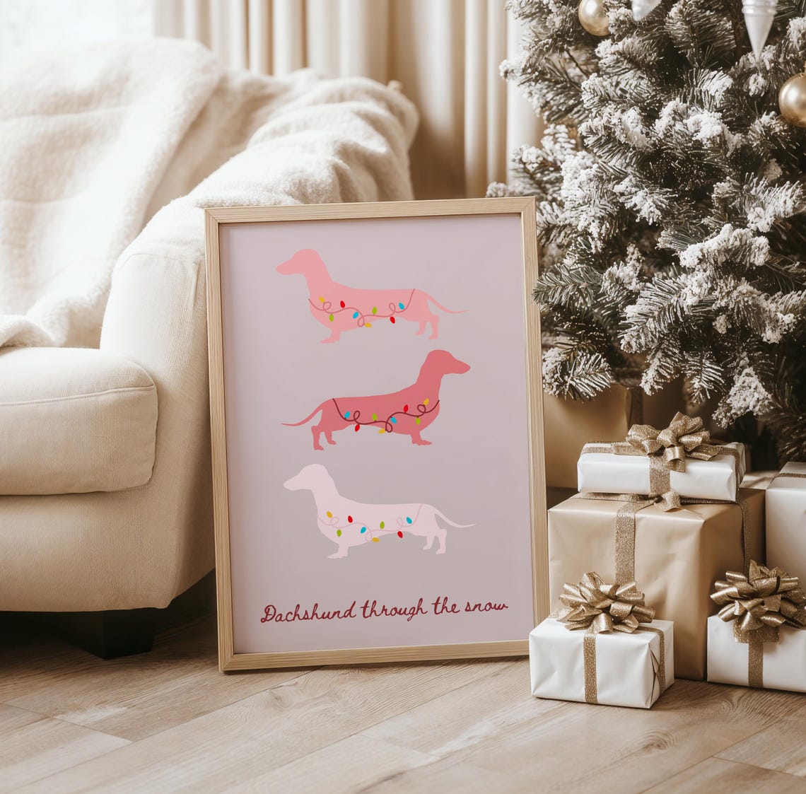 Dachshund Through The Snow Pink Dog Christmas Fairy Lights Poster