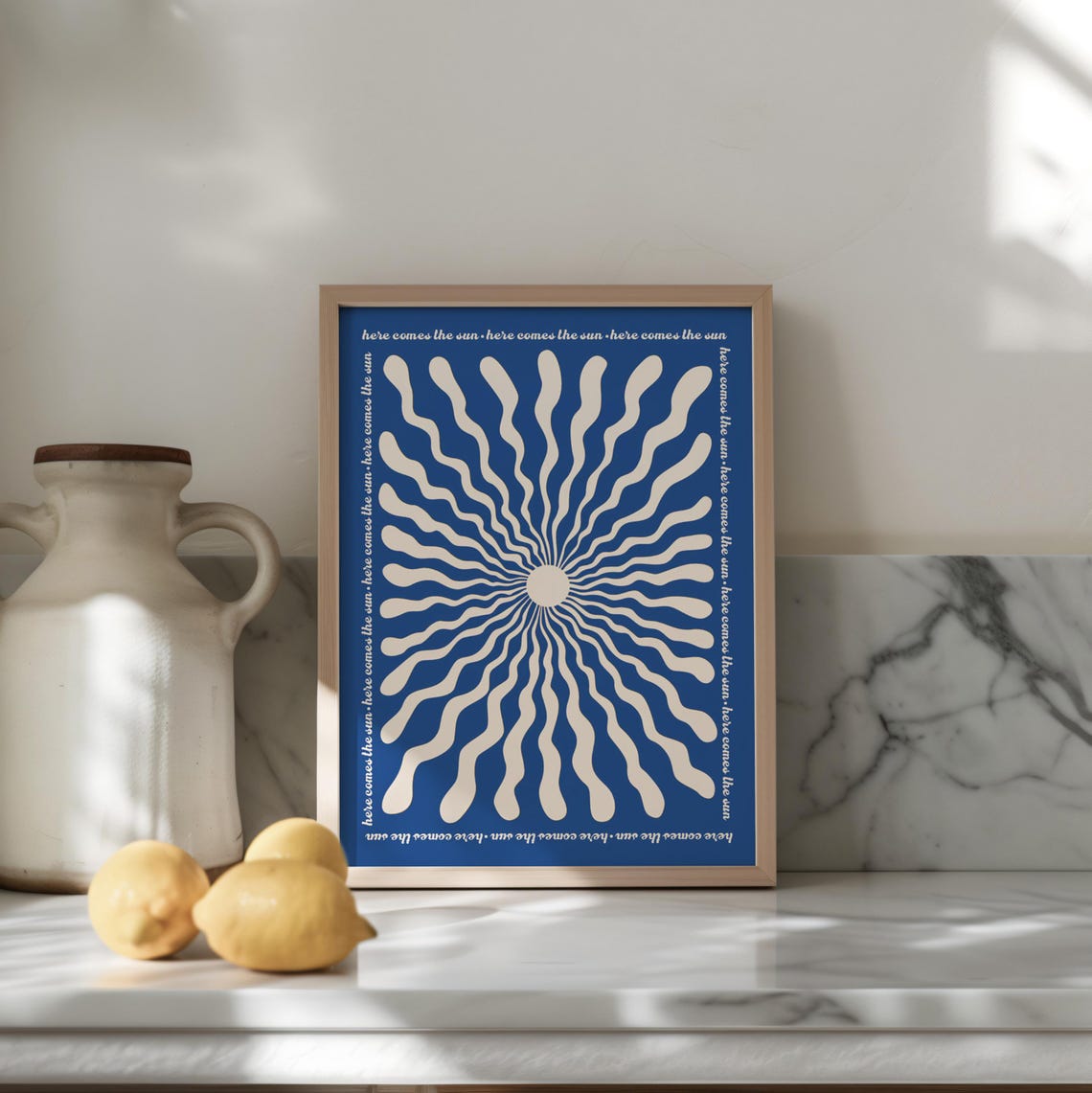 Here Comes The Sun Navy Blue Retro Sunburst Lyric Quote Poster - Image 2