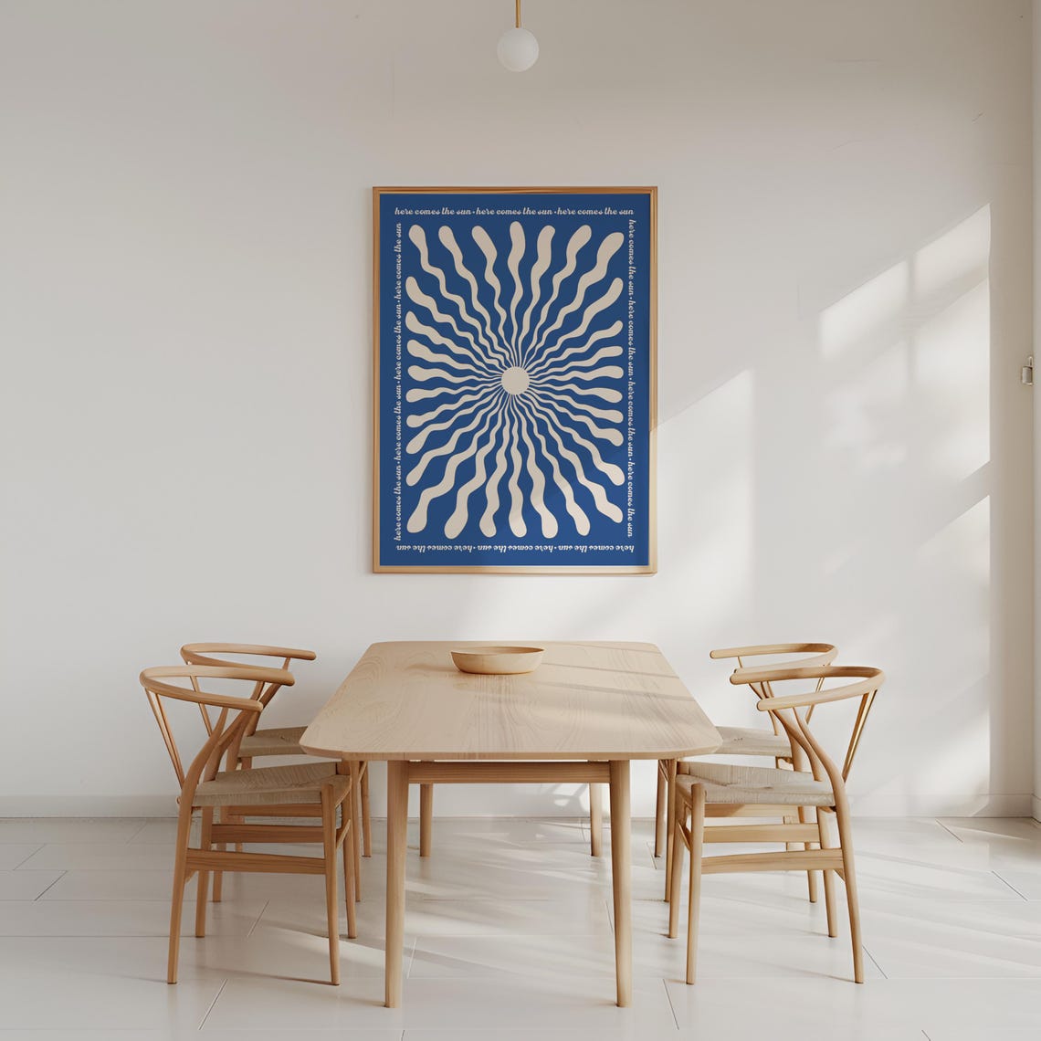 Here Comes The Sun Navy Blue Retro Sunburst Lyric Quote Poster