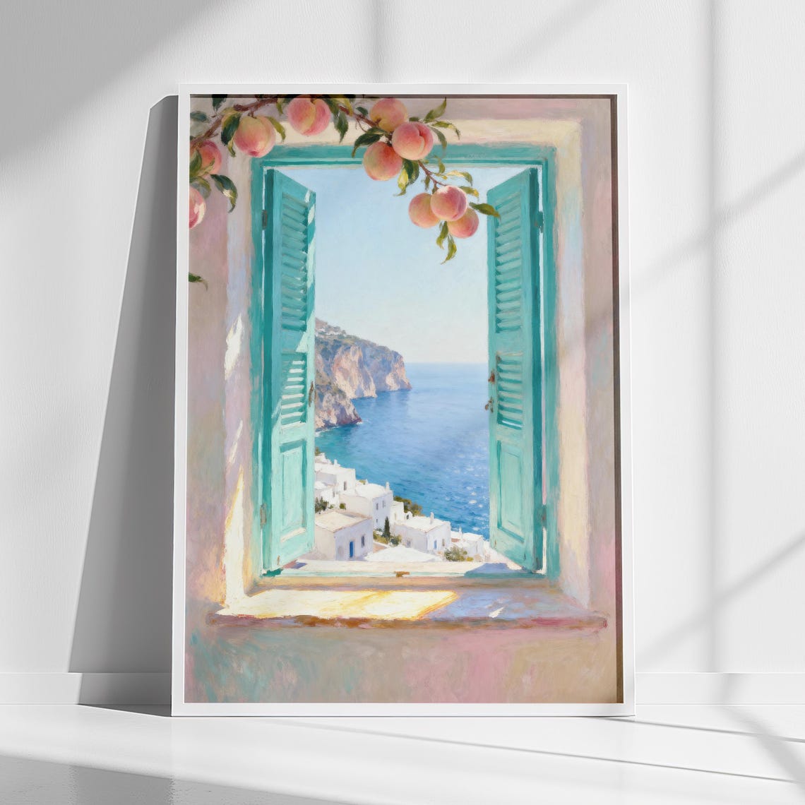 Mediterranean Coastal Window Teal Shutters Sea View Art Poster