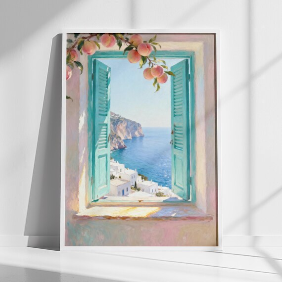 Mediterranean Coastal Window Teal Shutters Sea View Art Poster
