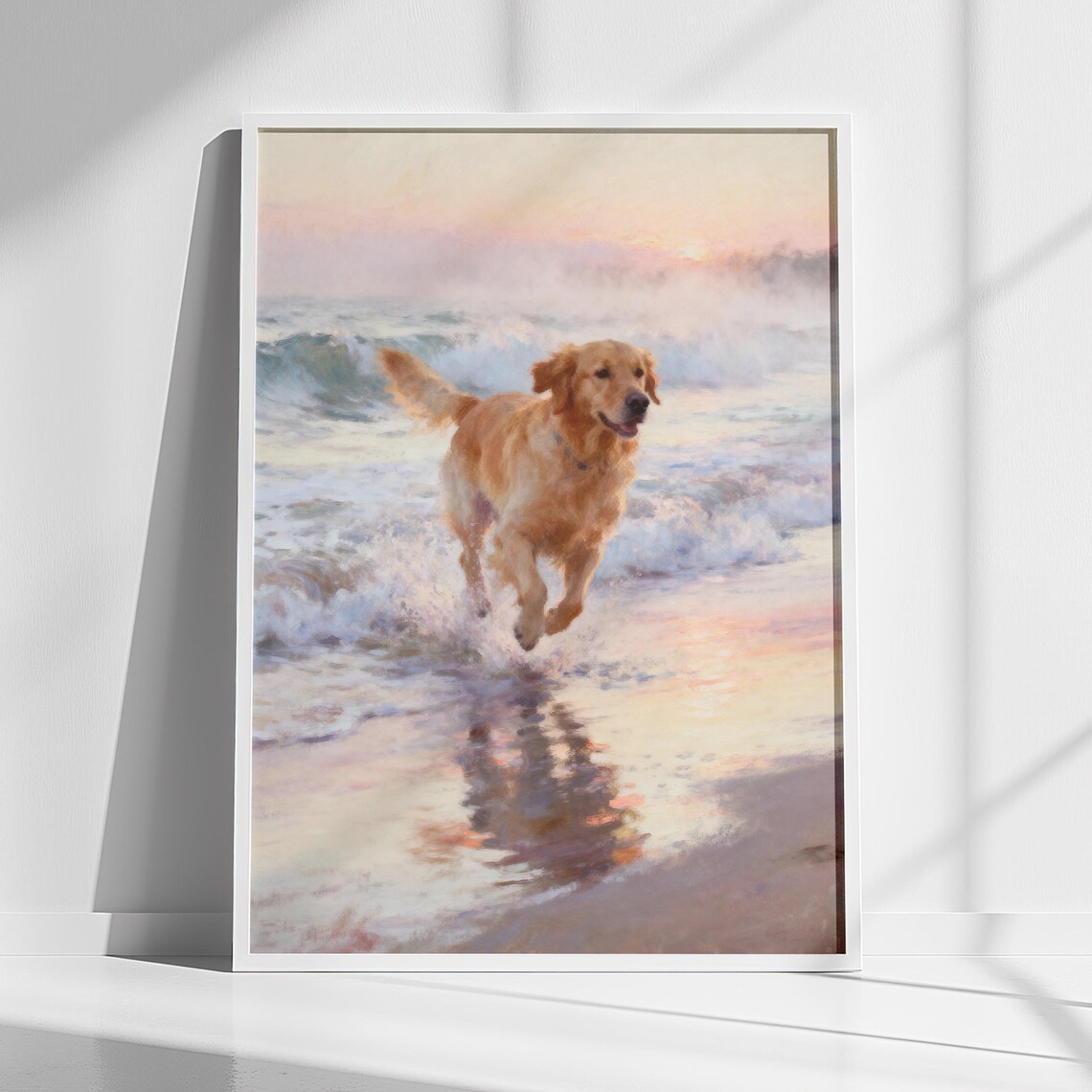 Golden Retriever Beach, Coastal Dog Art Print