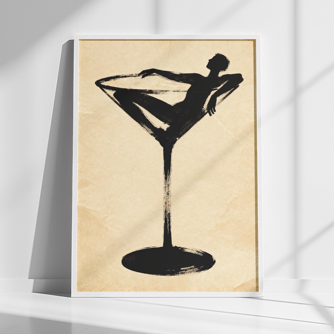 Woman Reclining in Martini Glass Minimal Black Silhouette Bar Wall Art