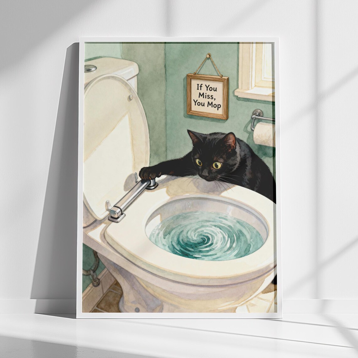 Black Cat Flushing Toilet Art Print, Powder Room Decor