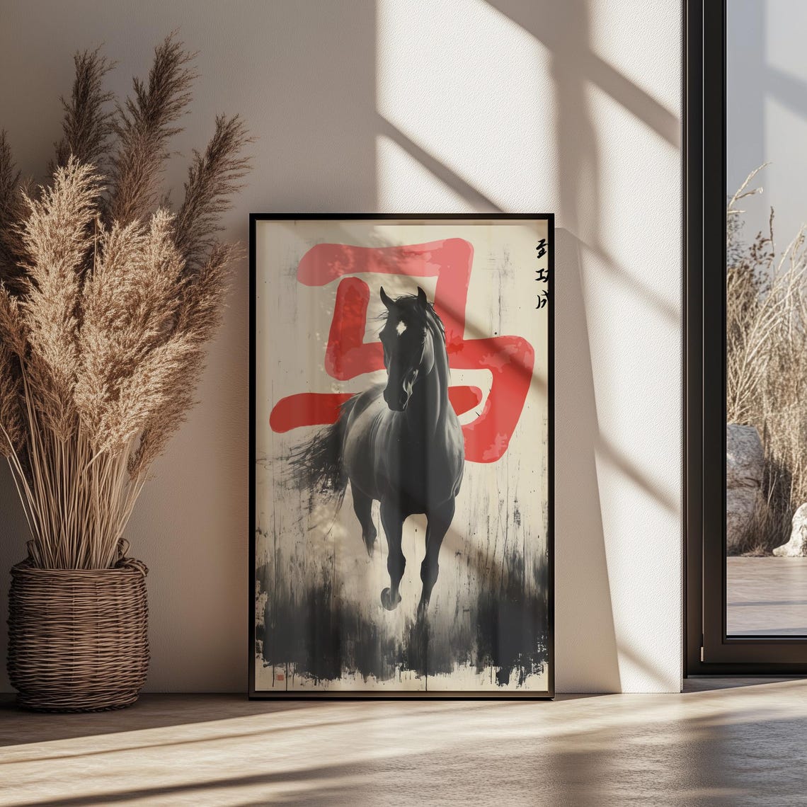 Wabi Sabi Ink Wash Galloping Black Horse With Red Calligraphy Wall Art - Image 3