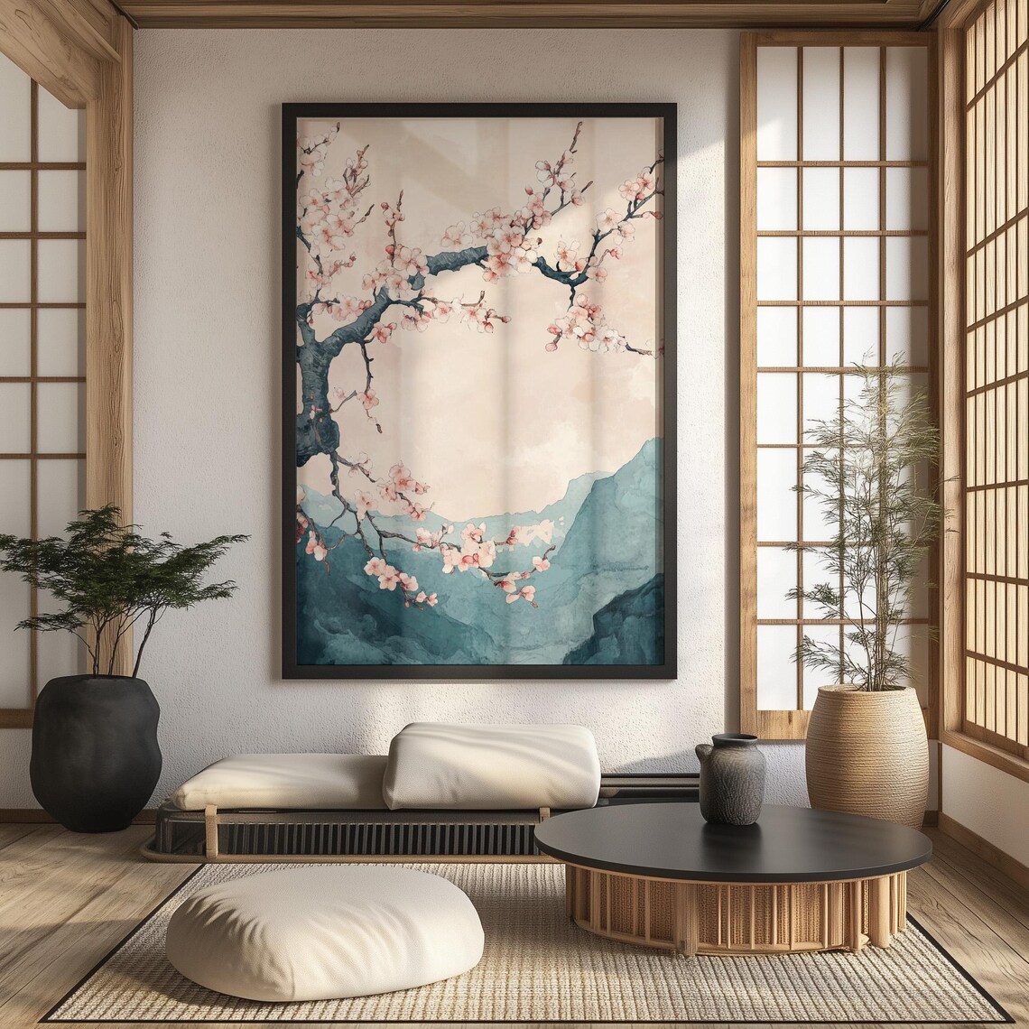Japanese Watercolor Cherry Blossom Branch Over Teal Mountains Wall Art