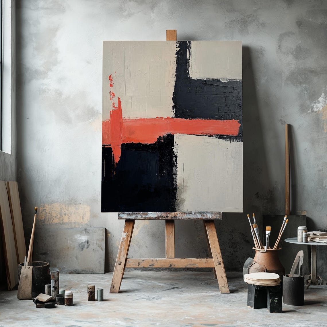 Modern Abstract Geometric Wall Art Minimalist Large Decor Vibrant Brush Strokes Contemporary Neutral Beige Painting Living Room Design - Image 3