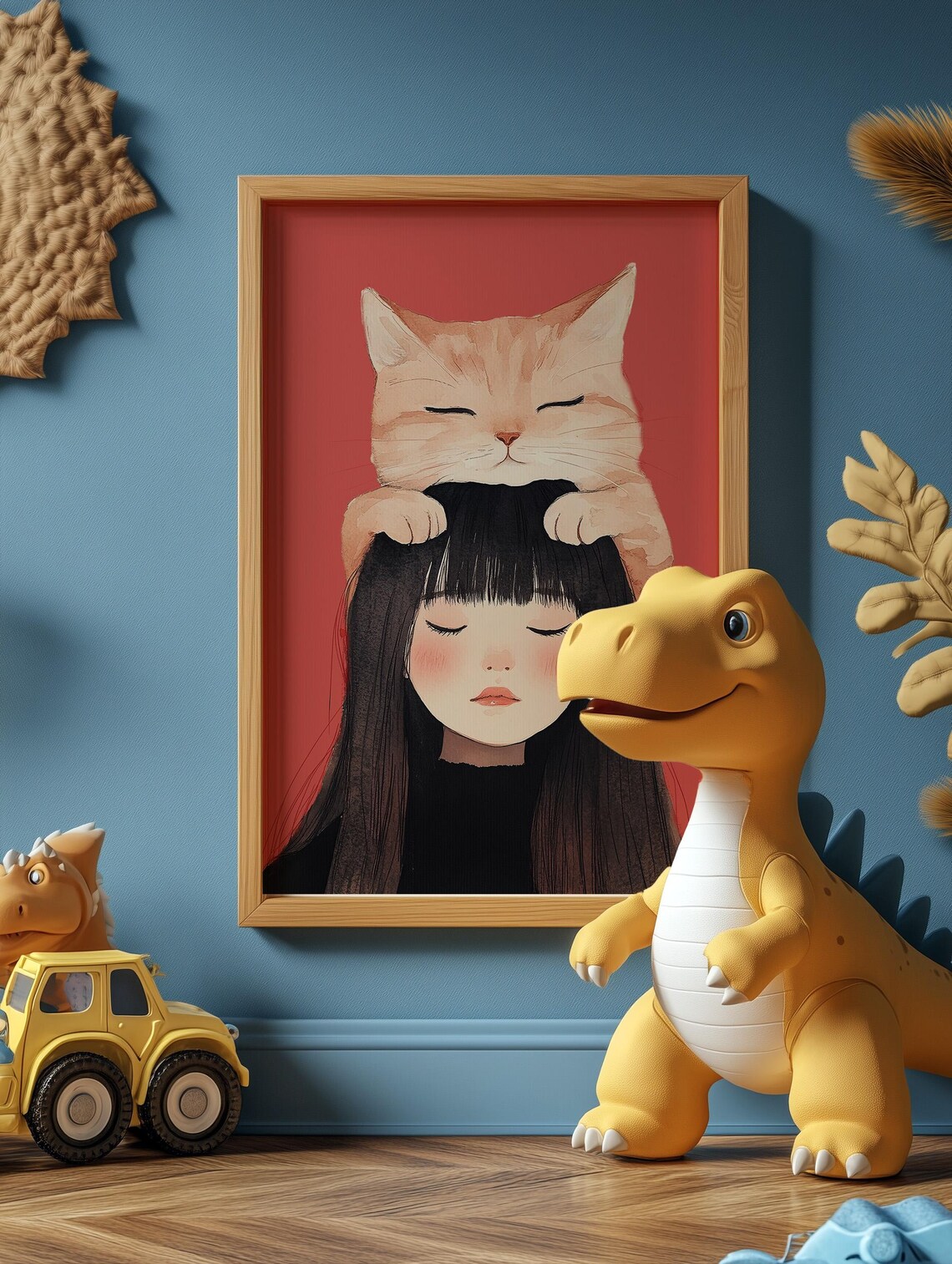 Ginger Cat Resting On Sleeping Girl Watercolor Nursery Wall Art - Image 4
