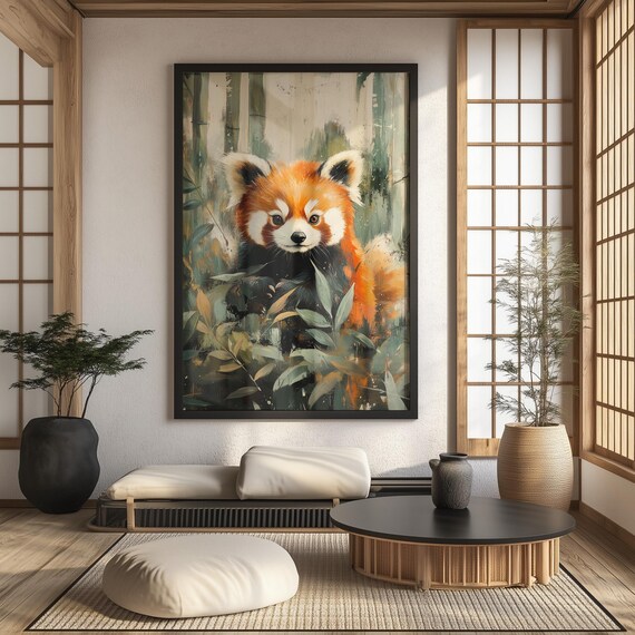 Adorable Red Panda In Bamboo Forest Painterly Nursery Wildlife Wall Art