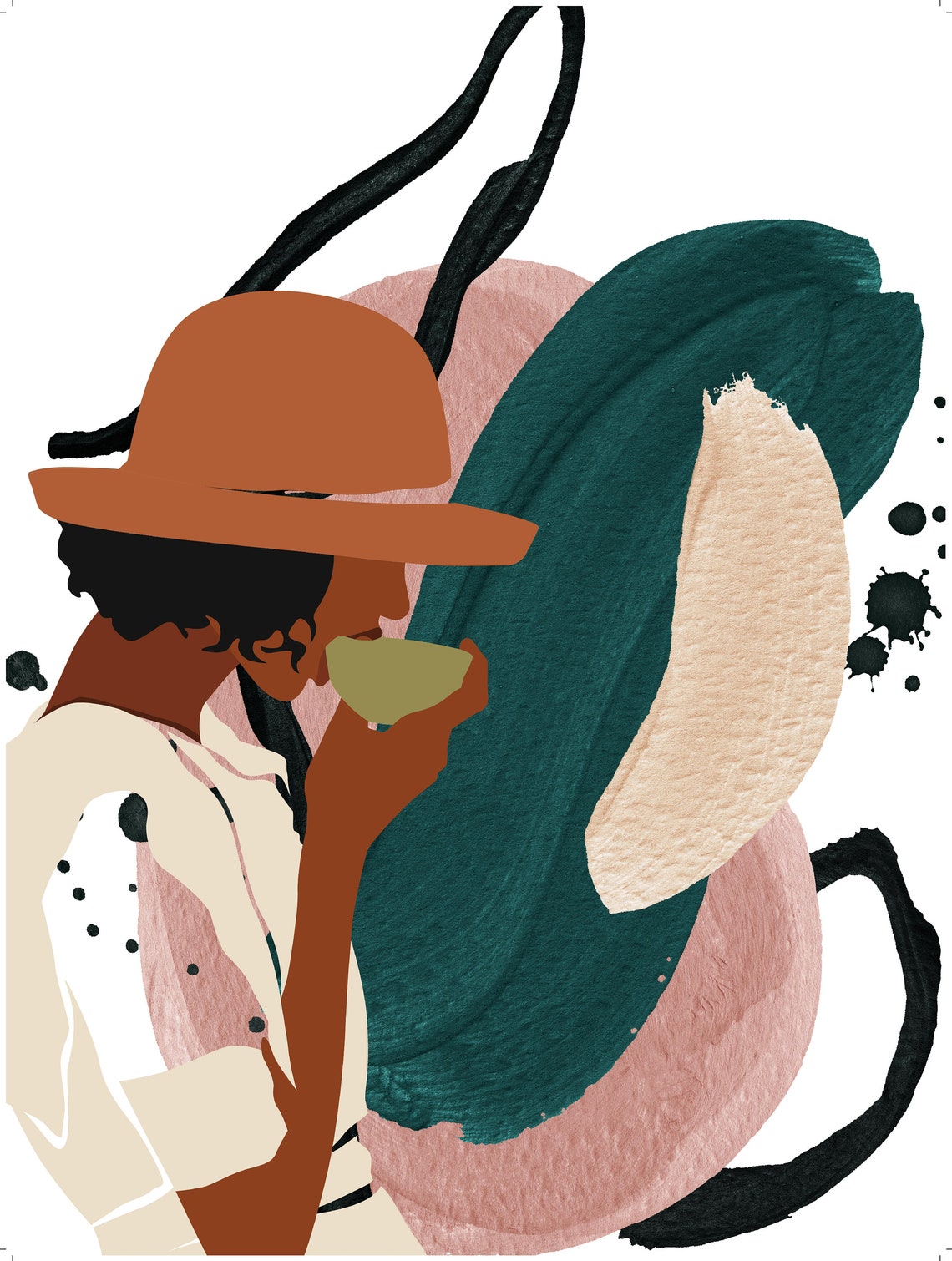 Woman Drinking Tea Abstract Green Shapes Modern Boho Art Poster - Image 4