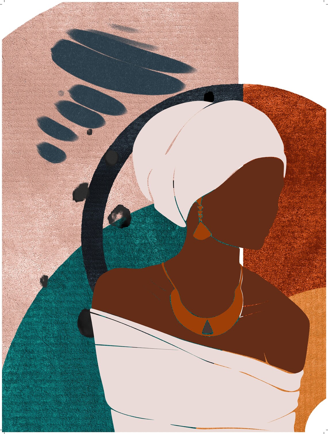 White Headwrap Woman Abstract Teal Rust Shapes Serene Art Poster - Image 4