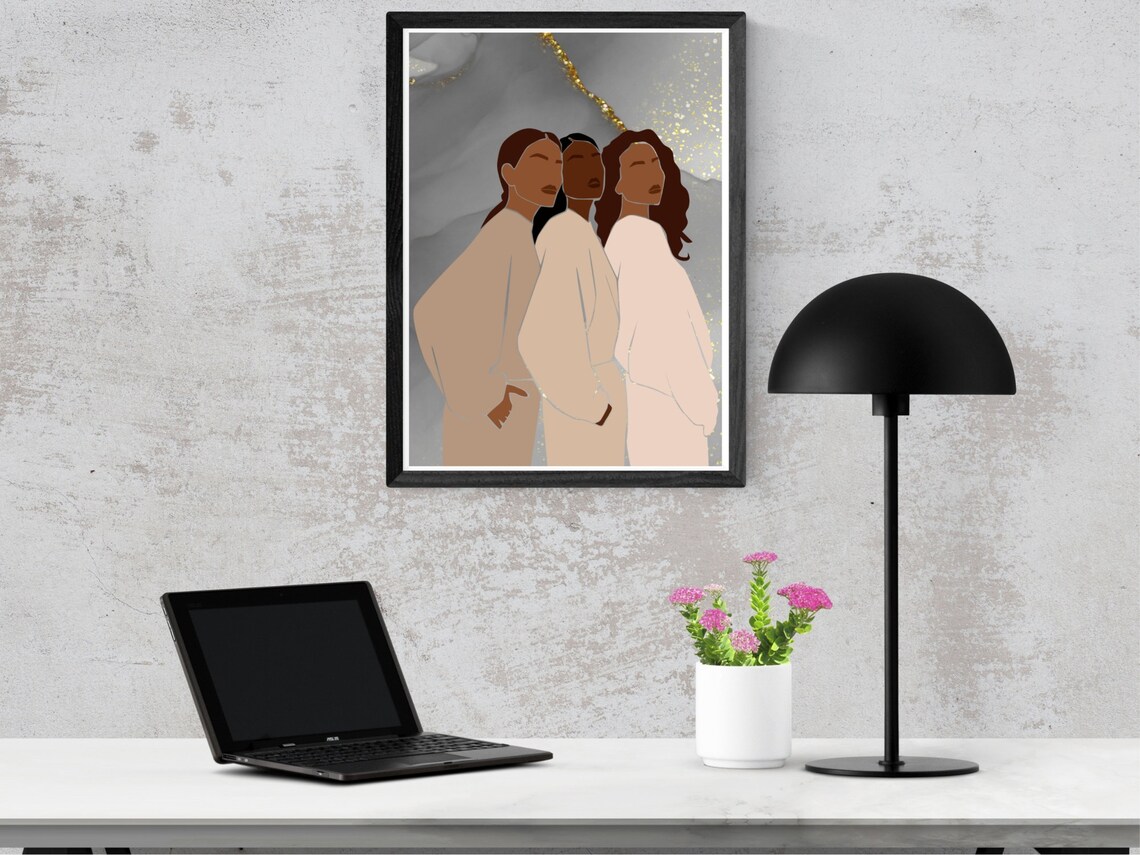 Three Women Unity Sisterhood Cream Grey Marble Gold Art Poster - Image 3