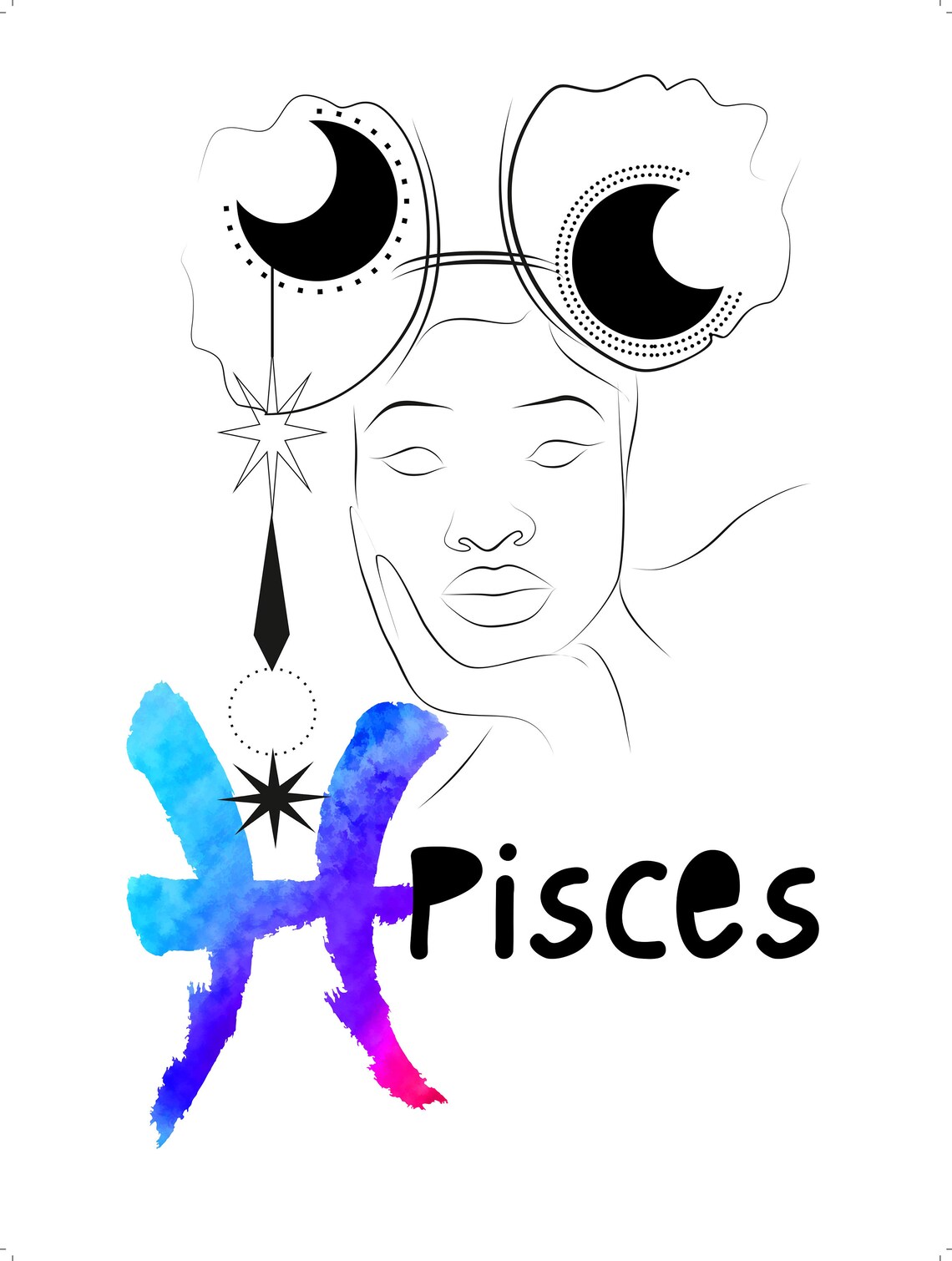 Pisces Zodiac Line Art Woman Watercolor Fish Glyph Star Sign Poster - Image 2