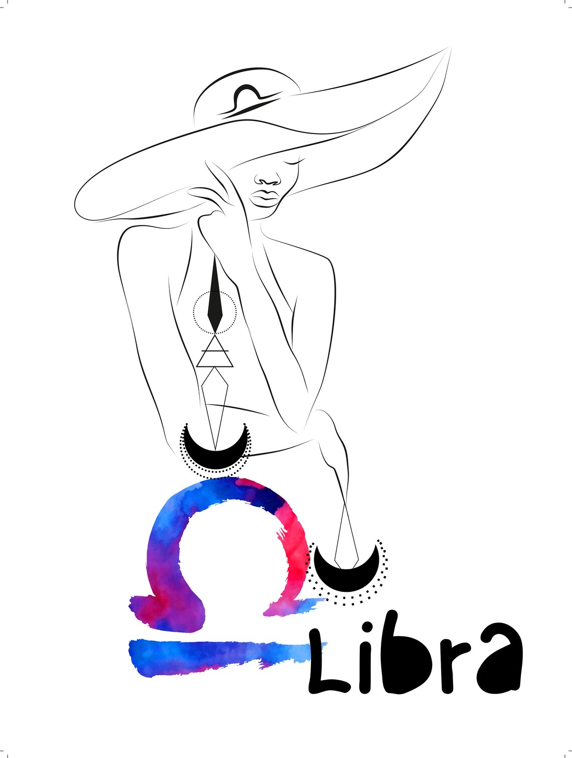 Libra Zodiac Line Art Woman Watercolor Scales Star Sign Poster - Image 2
