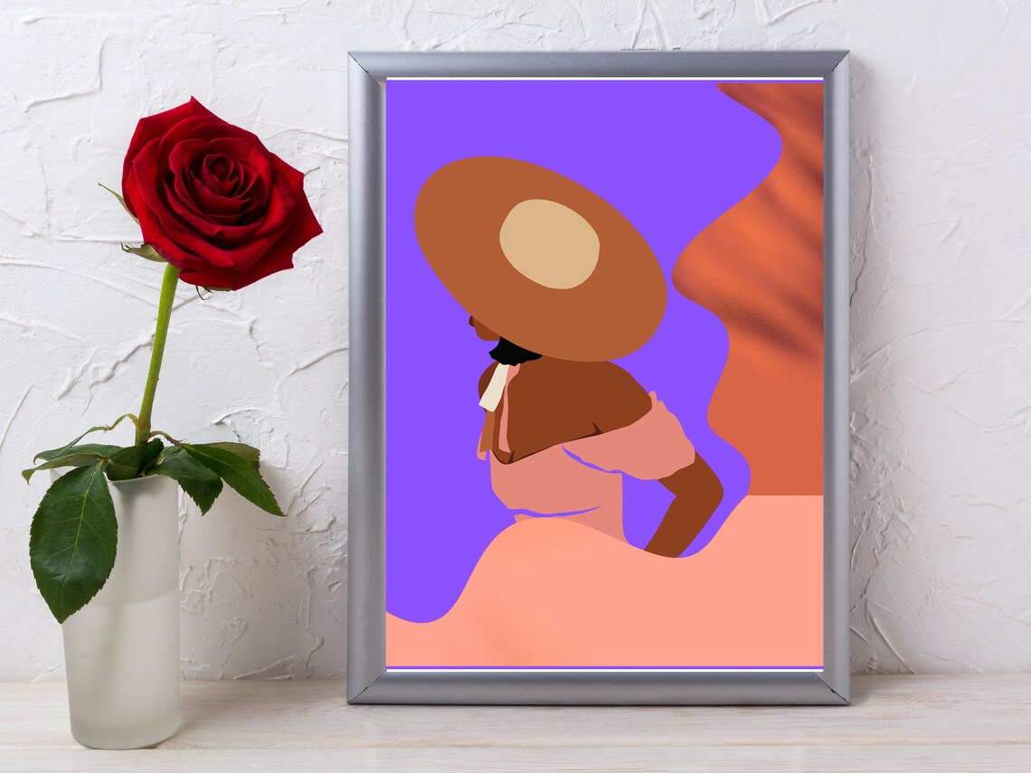 Woman Sun Hat Desert Silhouette Purple Orange Abstract Poster