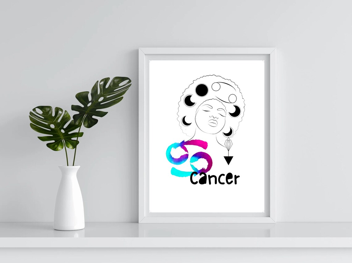 Cancer Zodiac Line Art Woman Moon Phases Watercolor Star Sign Poster - Image 4