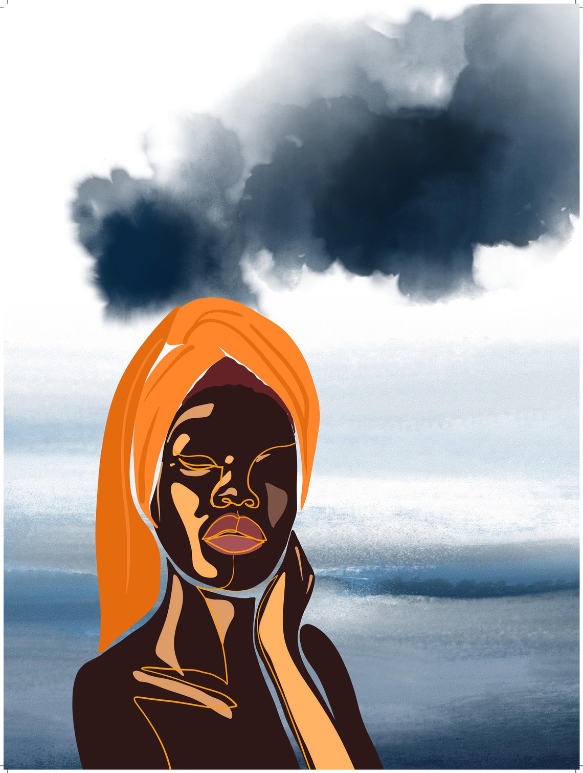 Dramatic Black Woman Orange Headwrap Storm Cloud Seascape Poster - Image 4