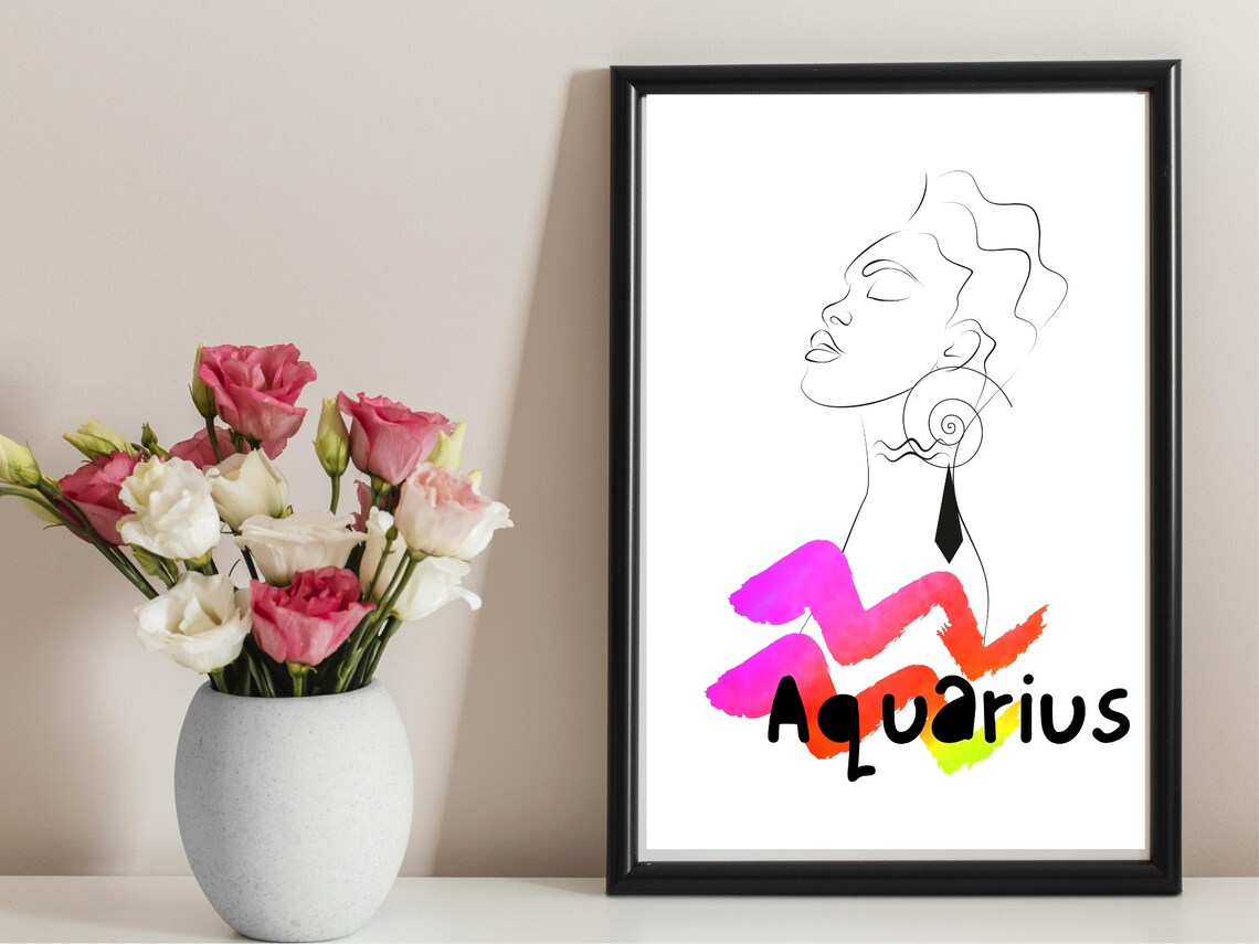 Aquarius Zodiac Line Art Woman Watercolor Wave Star Sign Poster - Image 3