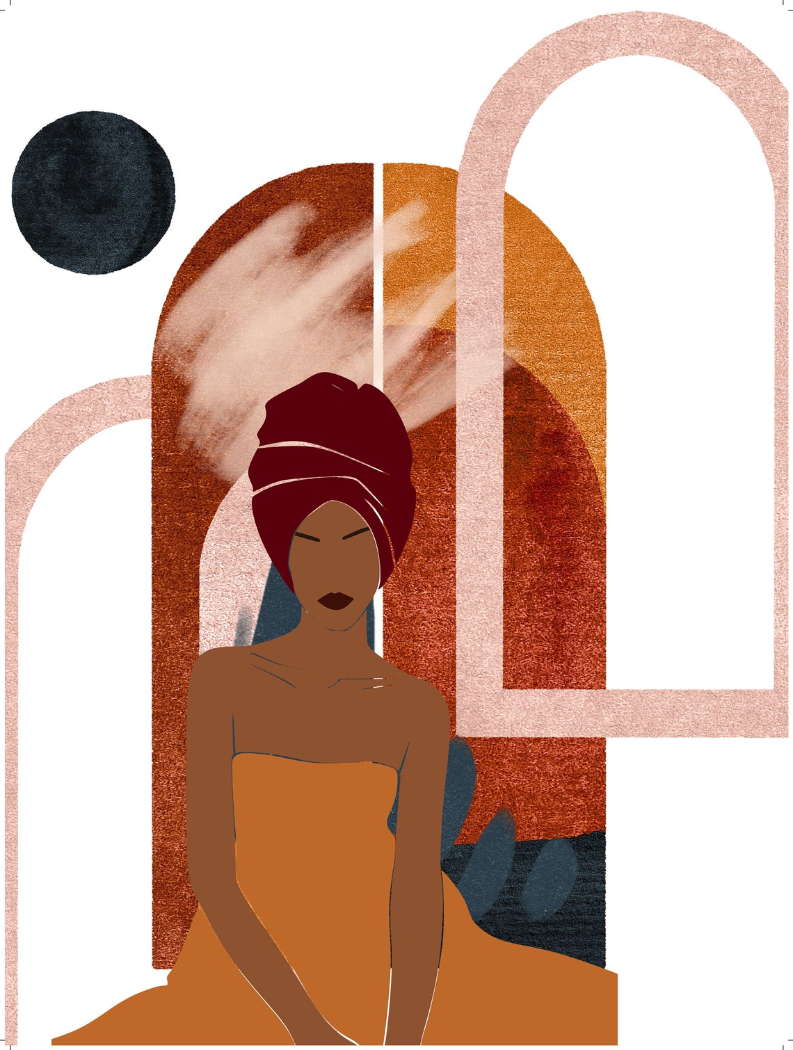 Red Headwrap Woman Sitting Arched Window Abstract Art Poster - Image 4