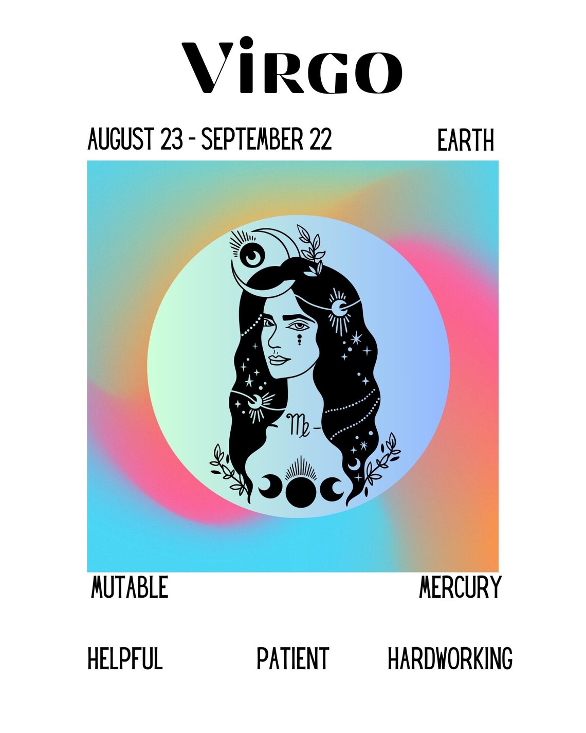 Virgo Zodiac Sign Traits Dates Gradient Maiden Circle Art Poster - Image 4