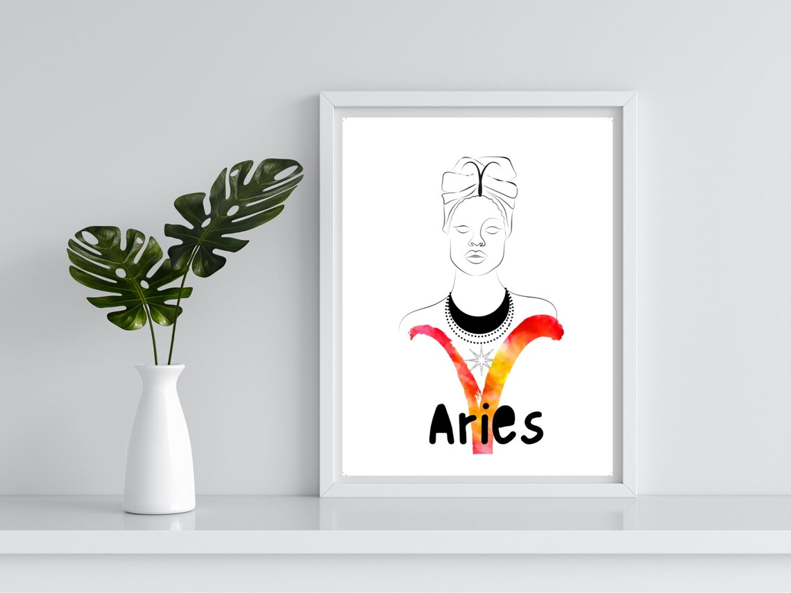 Aries Zodiac Line Art Woman Watercolor Ram Glyph Star Sign Poster - Image 4