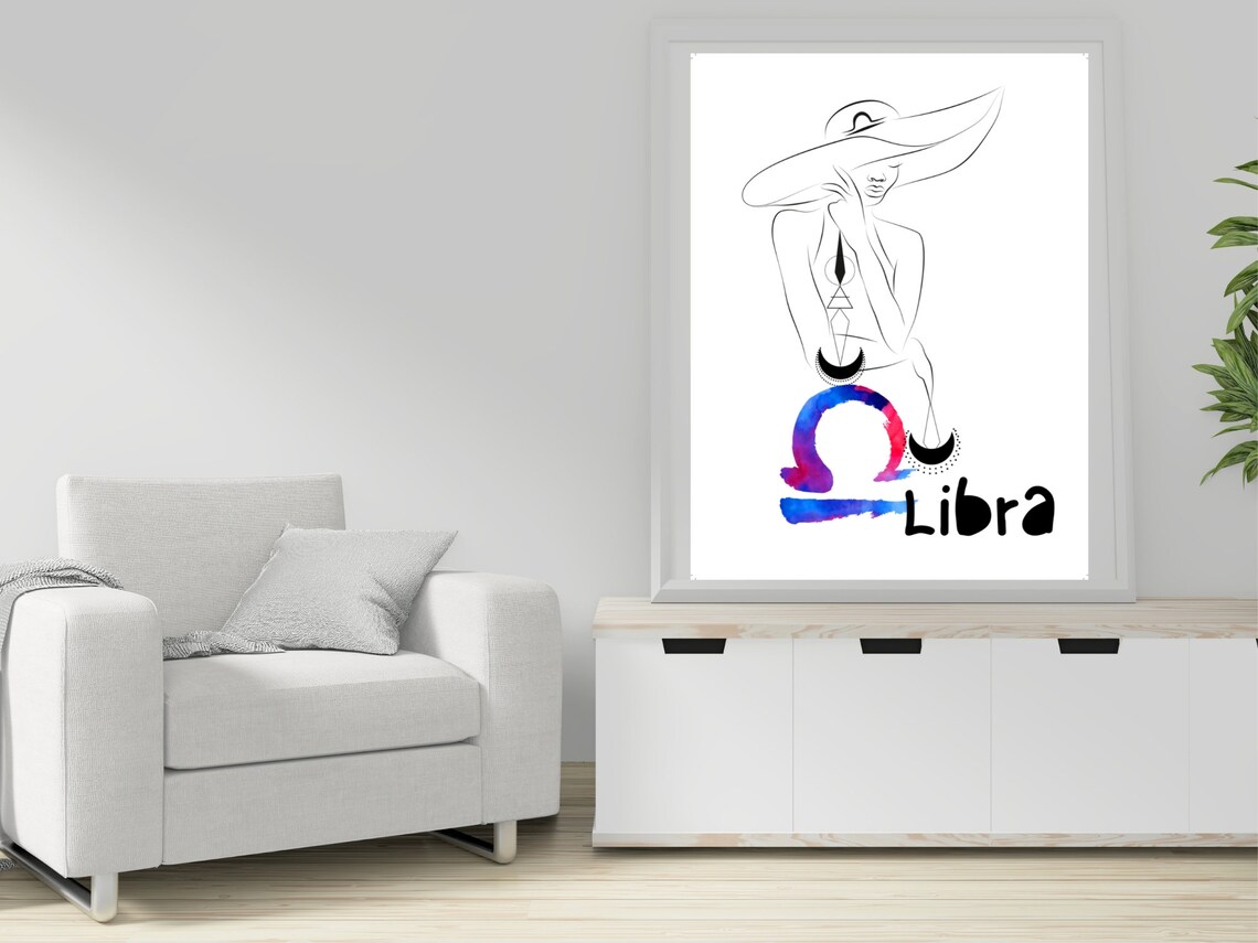 Libra Zodiac Line Art Woman Watercolor Scales Star Sign Poster - Image 3