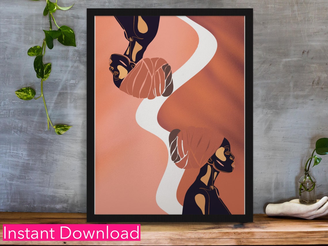 Mirrored Women Headwrap Silhouettes Terracotta Abstract Art Poster - Image 3