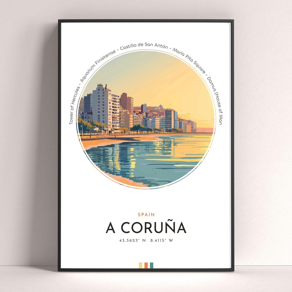 A Coruna Spain Beach Promenade Sunset Golden Shore Travel Poster