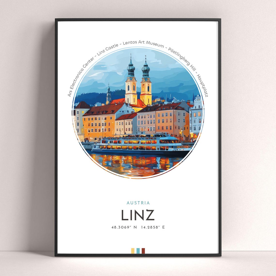 Linz Austria Danube River Evening Dusk Skyline Travel Poster