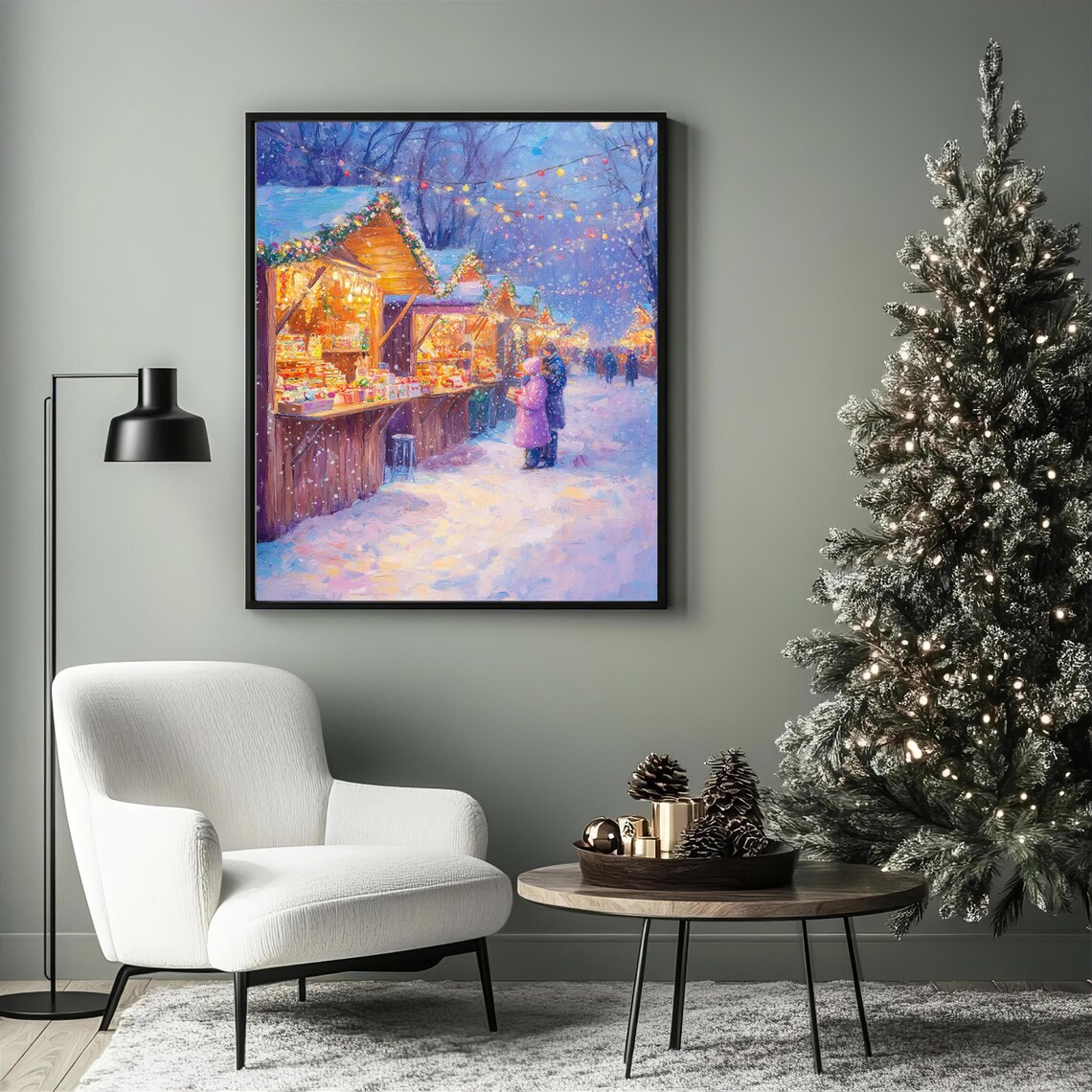 Christmas Market Art Print, Festive Holiday Scene - Image 3