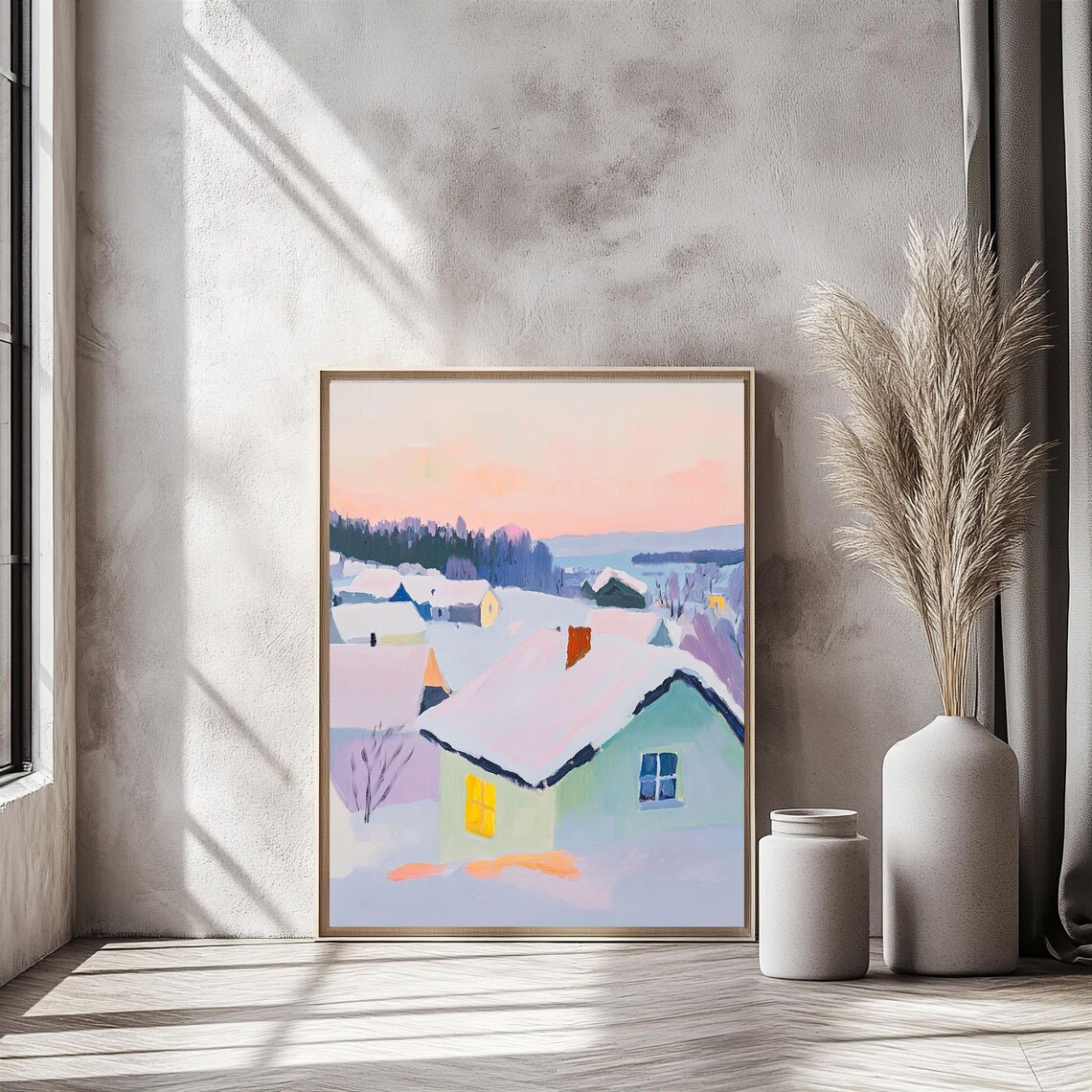 Winter Village Art Print, Snowy Scandinavian Landscape - Image 2