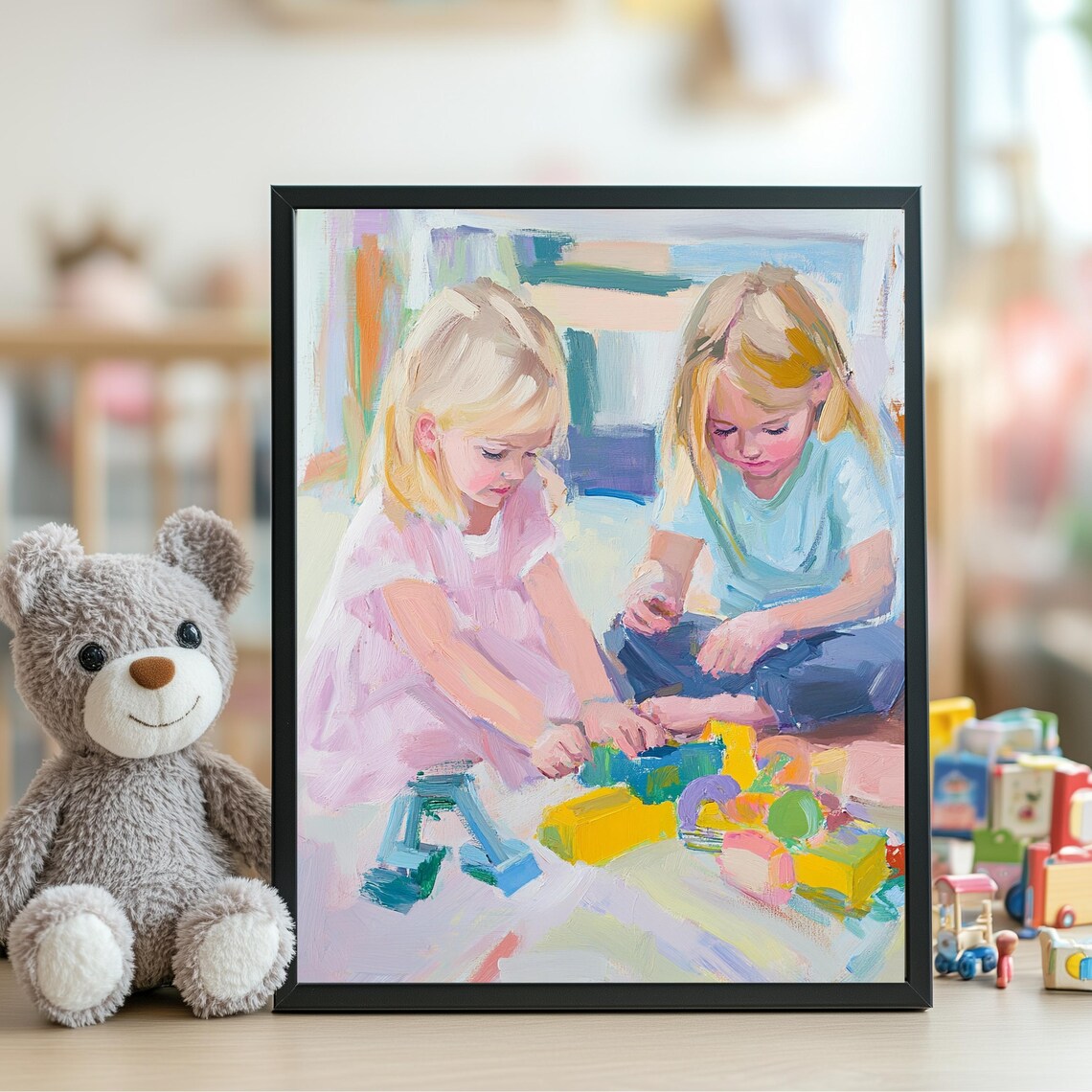 Two Girls Playing With Colorful Blocks Pastel Kids Room Art Poster - Image 3